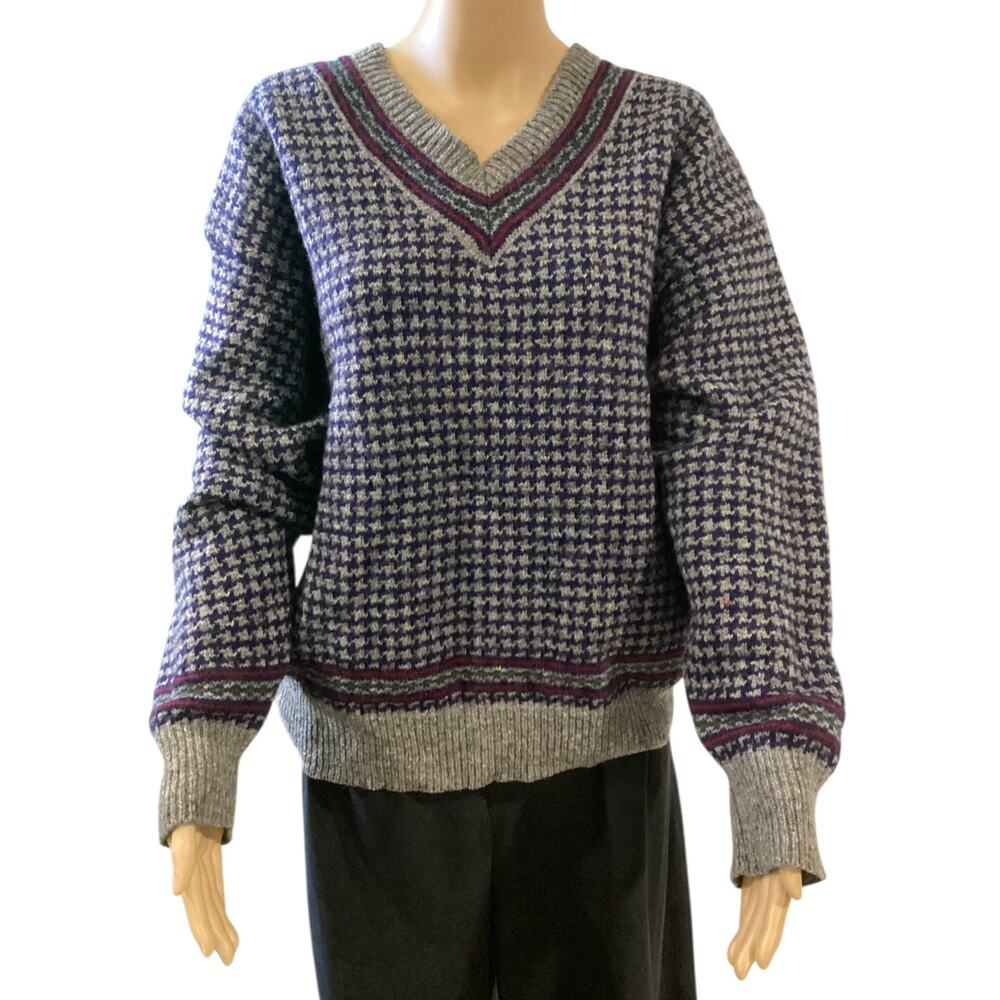 Vintage Pendleton Wool V-Neck Sweater Gray Purple Houndstooth Mens L
